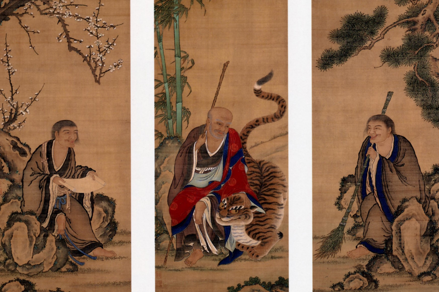 Fengkan Hanshan e Shade, Ueno Jakugen, pergaminhos pendurados, cor sobre seda